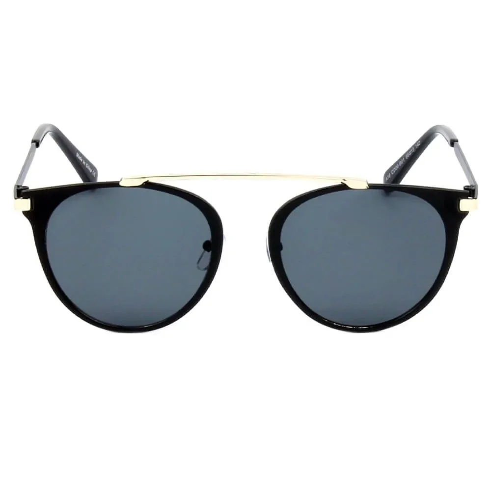 Contemporary Minimalist High Brow-Bar Design Round Sunglasses Black Lens